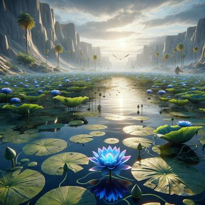 The primary subject of the image is a large blue flower, which is the focal point of the scene. The setting is a lush, green environment with a body of water, possibly a river or a lake, in the background. The visual style of the image is a combination of photo and digital art, creating a vibrant and colorful atmosphere. The dominant colors are blue and green, with the blue flower being the most prominent feature. The overall mood of the image is serene and peaceful, with the flower and the